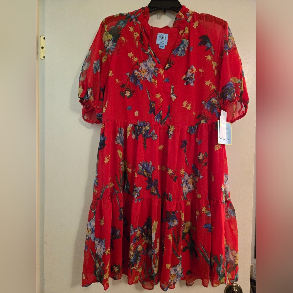 CeCe Red Floral Dress with Puff Sleeves, Size M